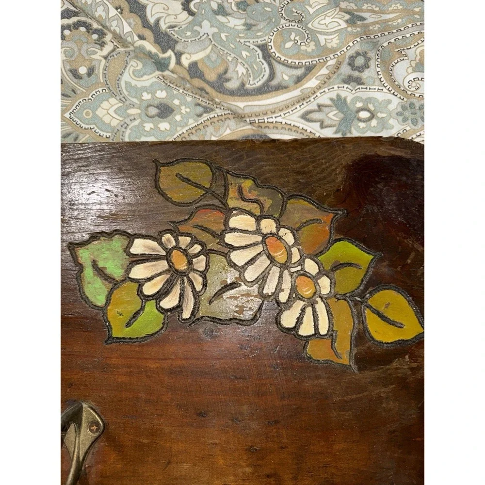 Vintage‎ Wood 4  Brass Hook Floral Hand Engraved Signed Wall Coat Rack Farmhouse